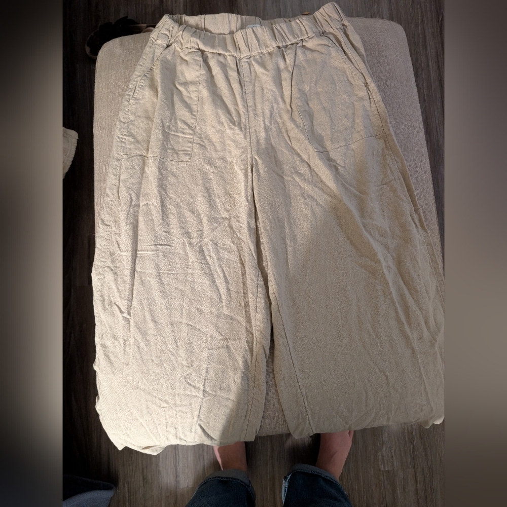 Women's Beige Linen Coastal Minimalist Style Cropped‎ Wide Leg Pants Sz L